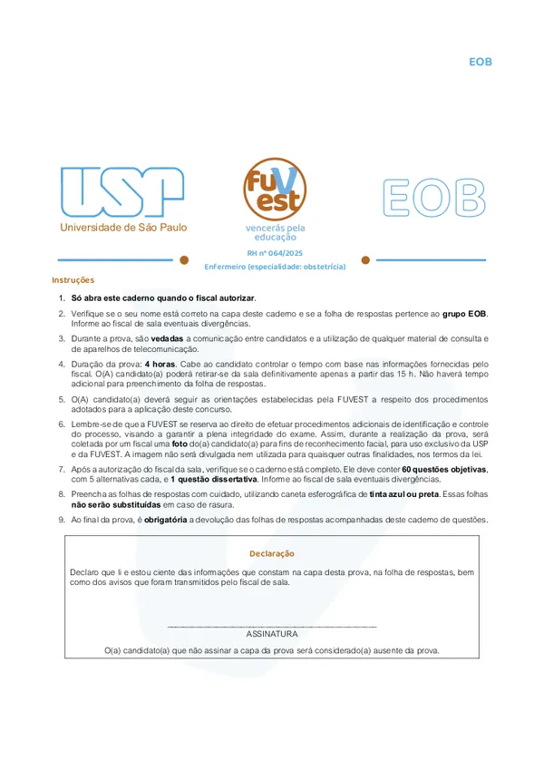 Prova Enfermeiro FUVEST Superior Universidade De Sao Paulo SP