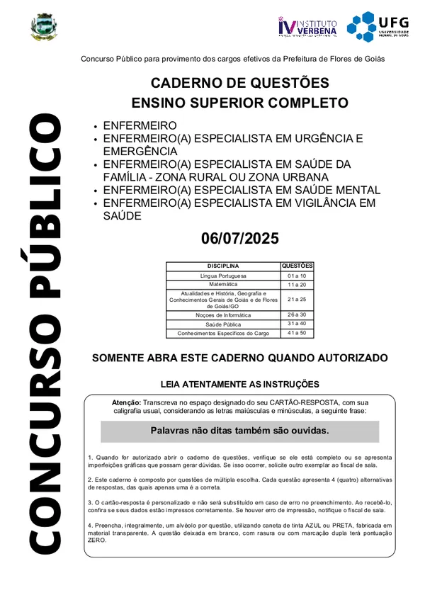Prova Enfermeiro Instituto Verbena 2025 ENFERMEIRO Superior UFG Flores Goias