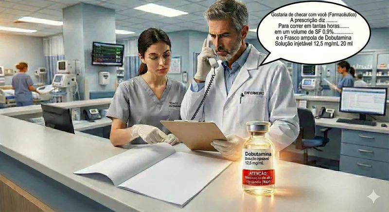 ENFERMEIRO CHECANDO INFORMAÇÕES REFERENTES AO MEDICAMENTO PRESCRITO COM O FARMACEUTICO CLÍNICO