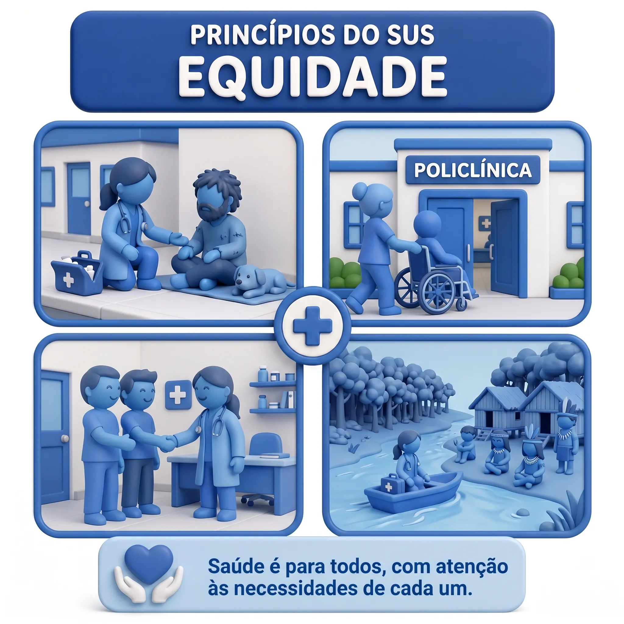 Infográfico ilustrando o princípio da Equidade no SUS - justiça social e tratamento igualitário