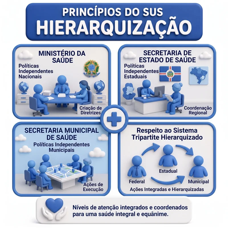 Infográfico ilustrando o princípio da Hierarquização no SUS - níveis de complexidade da atenção à saúde