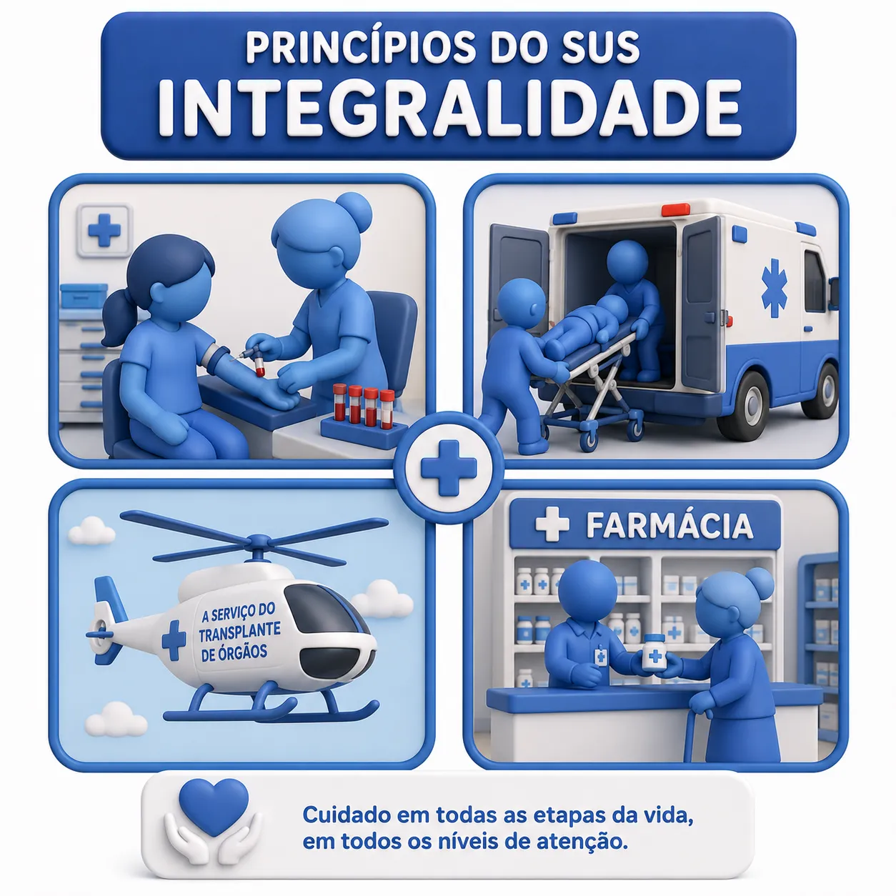 Infográfico ilustrando o princípio da Integralidade no SUS - cuidado completo e integrado à saúde