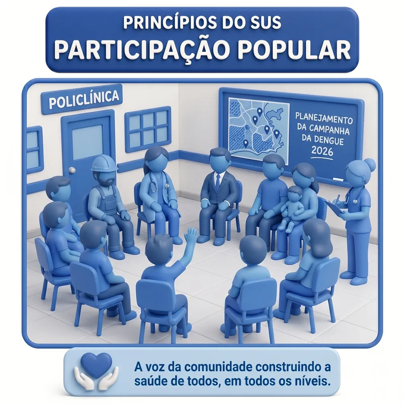 Infográfico ilustrando o princípio da Participação da Comunidade no SUS - controle social e conselhos de saúde