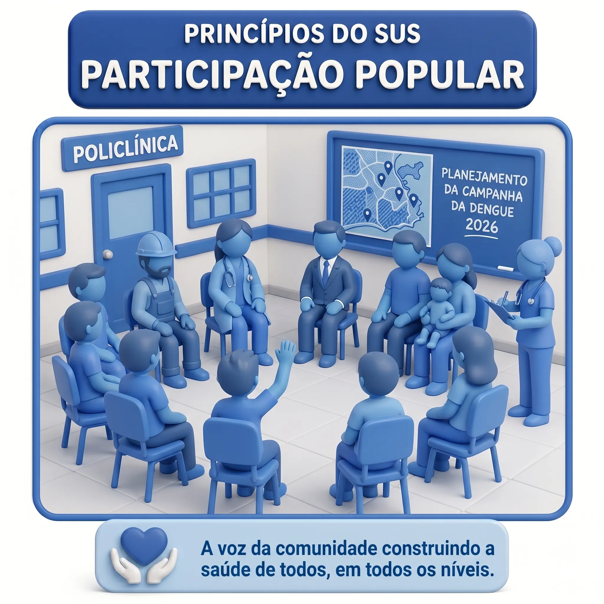 Infográfico ilustrando o princípio da Participação da Comunidade no SUS - controle social e conselhos de saúde
