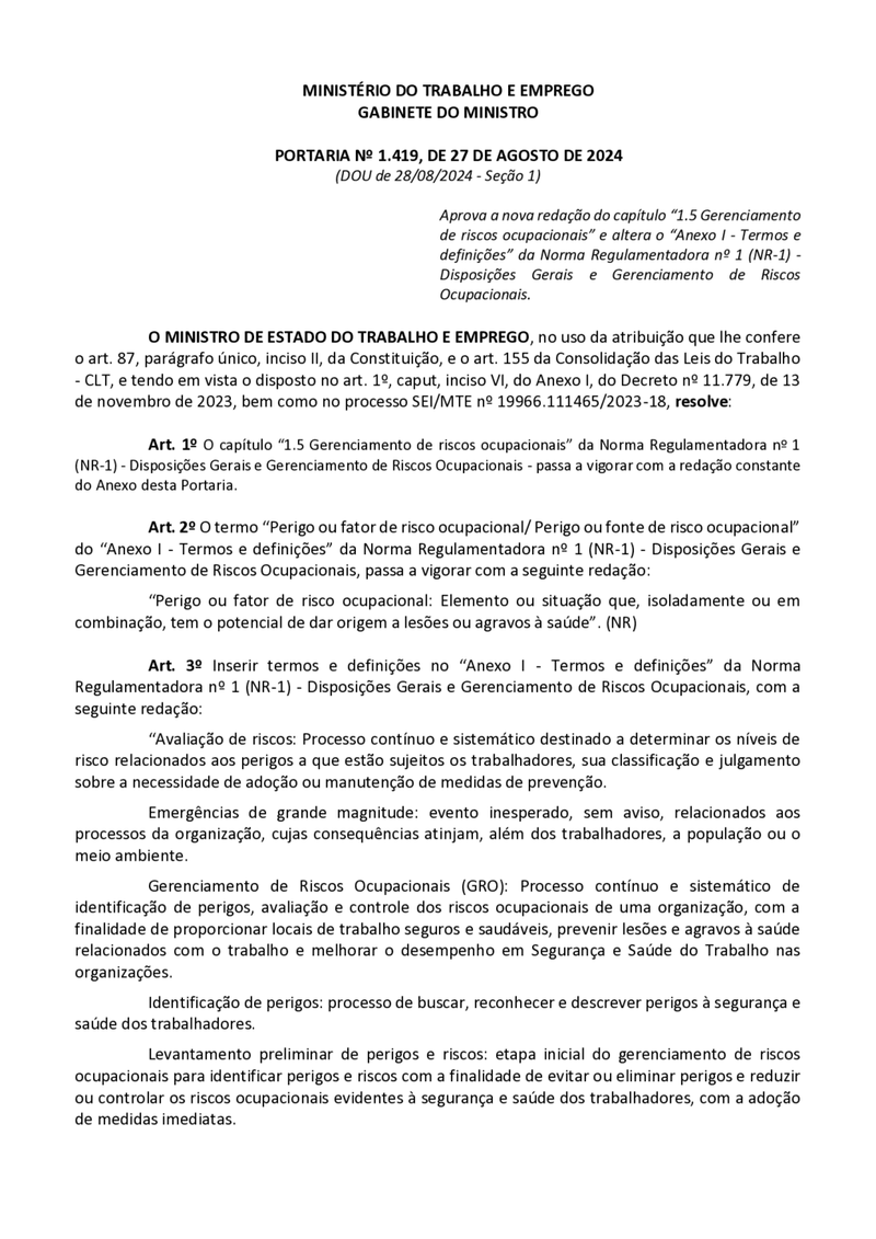 Portaria MTE Nº 1.419 (NR 01)