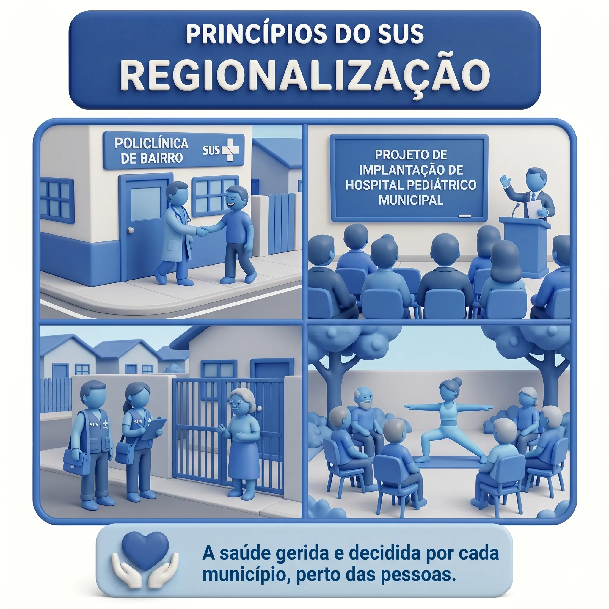 Infográfico ilustrando o princípio da Regionalização no SUS - organização por regiões de saúde