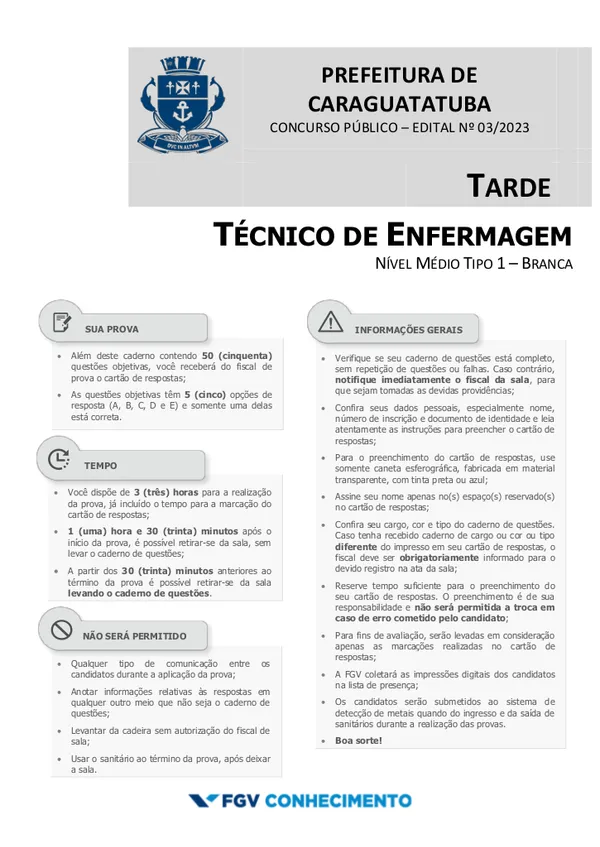 Tecnico De Enfermagem Prefeitura De Caraguatatuba Fgv Caragua 2023