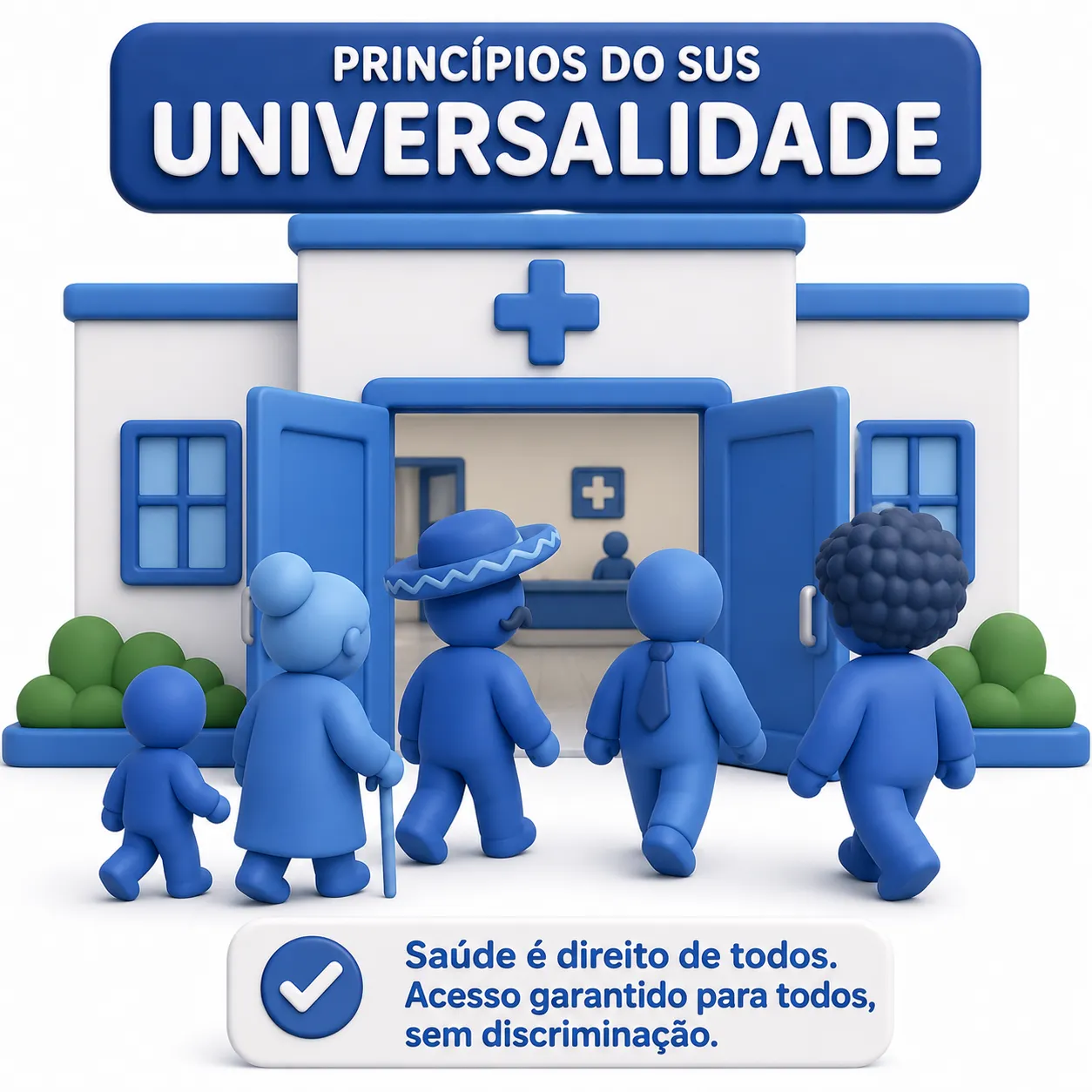 Infográfico ilustrando o princípio da Universalização do SUS - acesso à saúde para todos os cidadãos brasileiros
